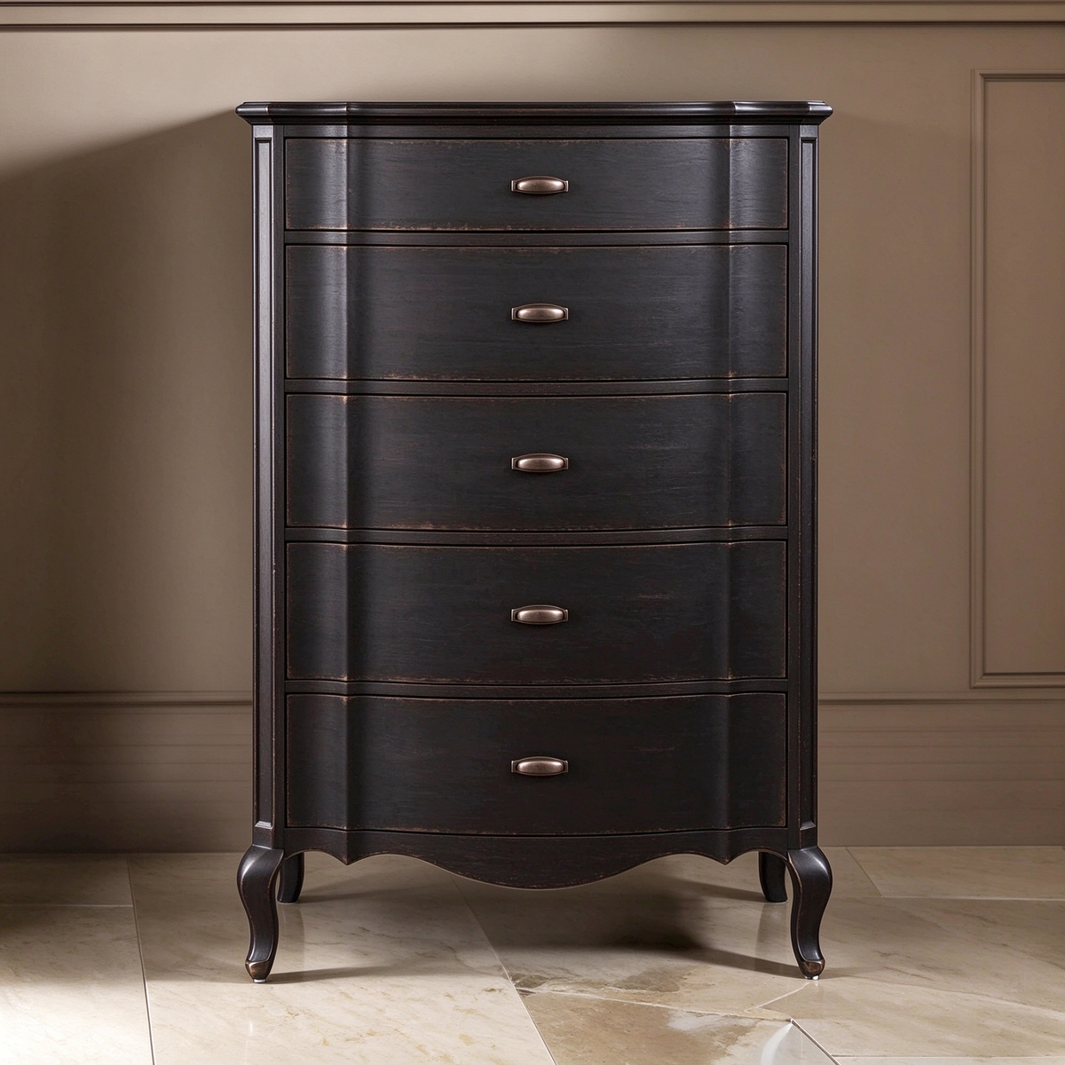 Cherry 38 Inch Tall Dresser Chest, 5 Drawer, Cabriole Legs Black Rubberwood