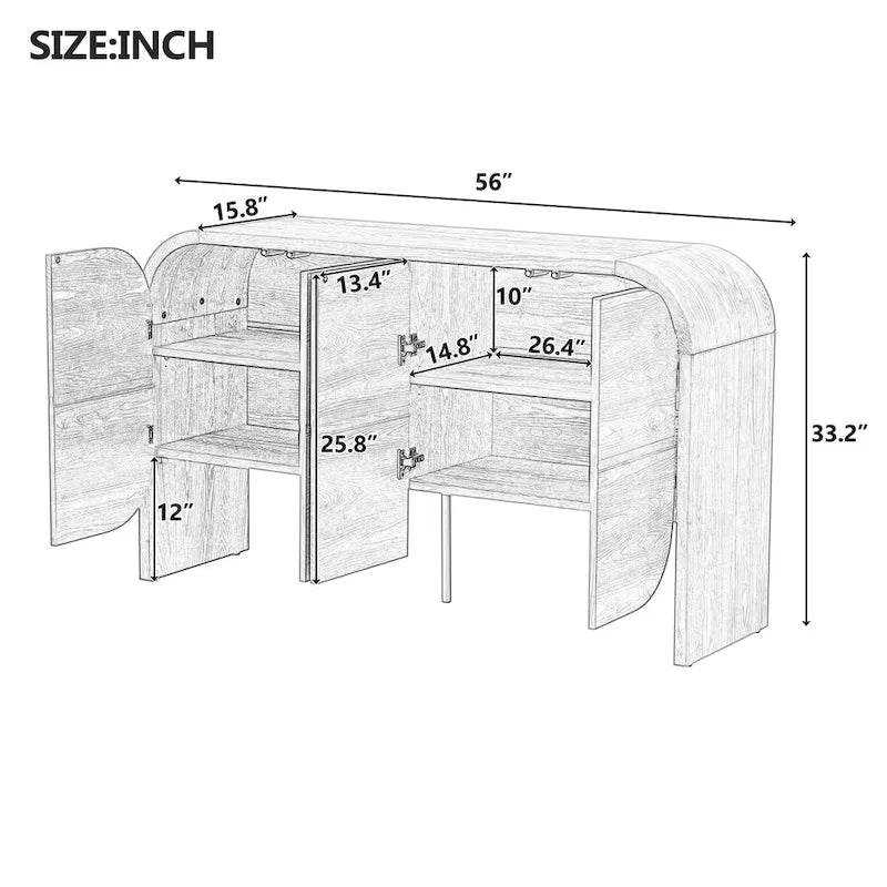 Sideboard aus Holz mit geschwungenen Kanten und verstellbaren Einlegeböden