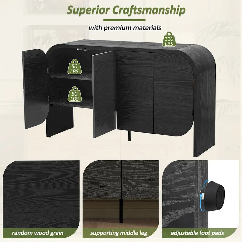 Sideboard aus Holz mit geschwungenen Kanten und verstellbaren Einlegeböden