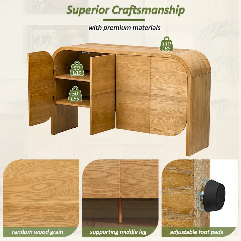 Sideboard aus Holz mit geschwungenen Kanten und verstellbaren Einlegeböden