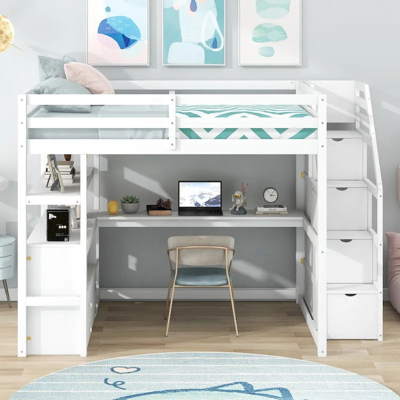 Hochbett in Full-Größe mit Schreibtisch und Regalen, zwei integrierten Schubladen und Stauraumtreppe