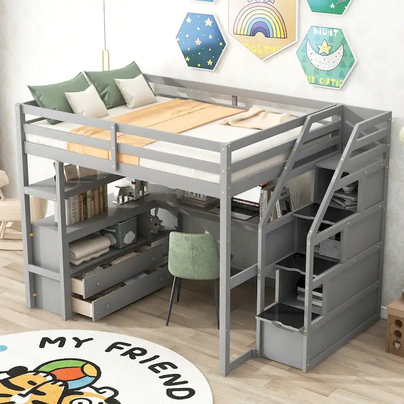 Hochbett in Full-Größe mit Schreibtisch und Regalen, zwei integrierten Schubladen und Stauraumtreppe