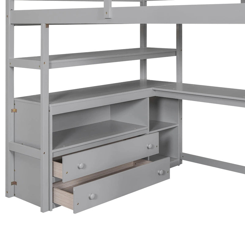 Hochbett in Full-Größe mit Schreibtisch und Regalen, zwei integrierten Schubladen und Stauraumtreppe