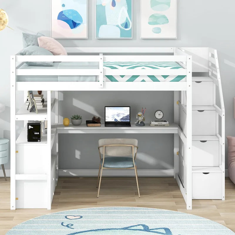 Hochbett in Full-Größe mit Schreibtisch und Regalen, zwei integrierten Schubladen und Stauraumtreppe