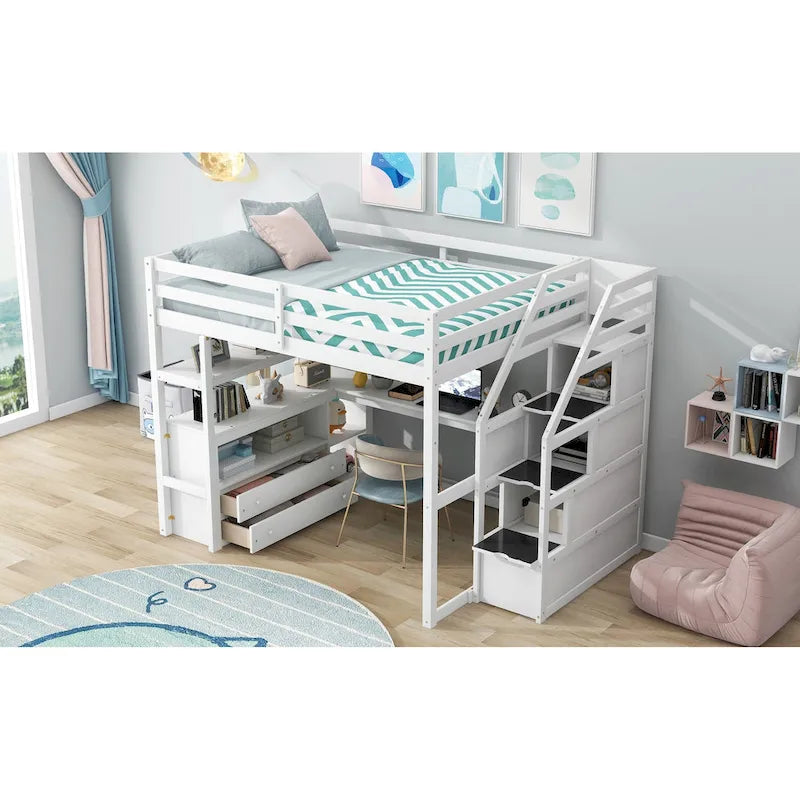 Hochbett in Full-Größe mit Schreibtisch und Regalen, zwei integrierten Schubladen und Stauraumtreppe