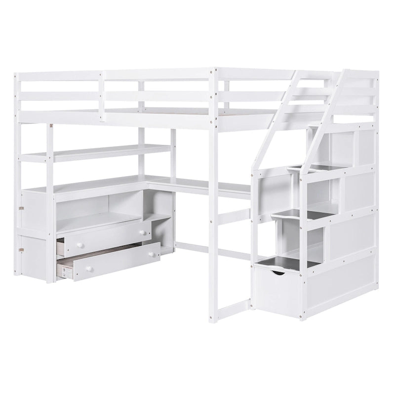 Hochbett in Full-Größe mit Schreibtisch und Regalen, zwei integrierten Schubladen und Stauraumtreppe