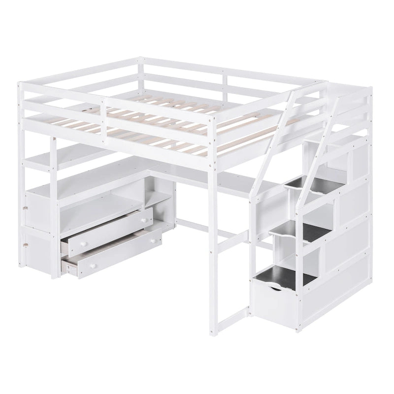 Hochbett in Full-Größe mit Schreibtisch und Regalen, zwei integrierten Schubladen und Stauraumtreppe