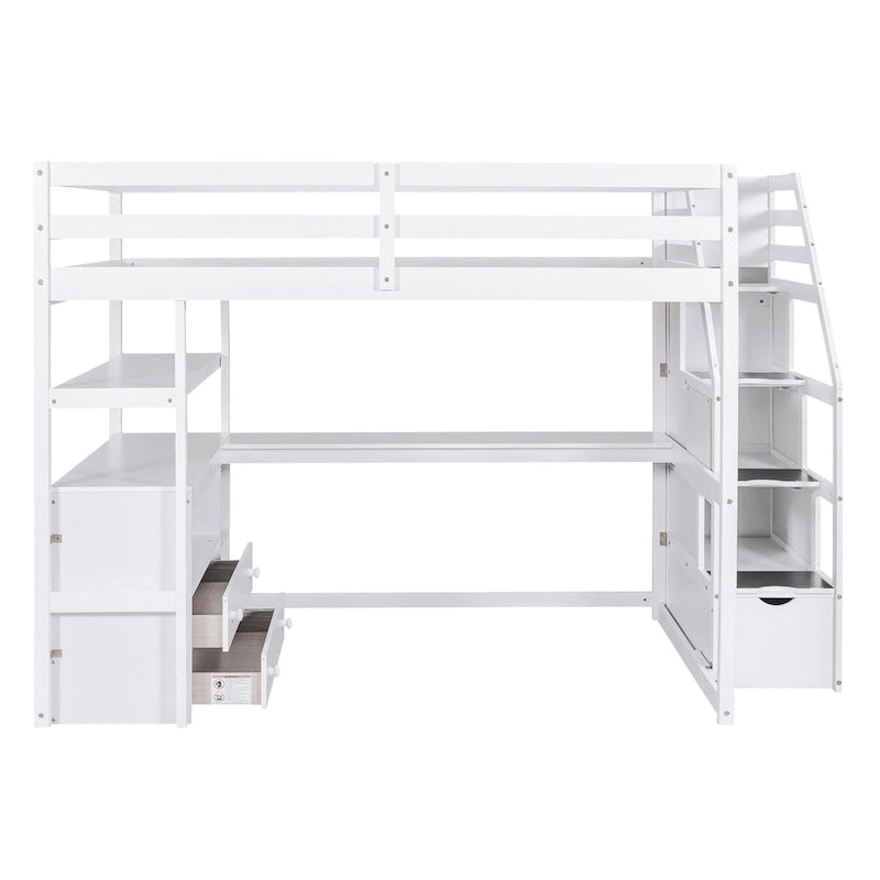 Hochbett in Full-Größe mit Schreibtisch und Regalen, zwei integrierten Schubladen und Stauraumtreppe
