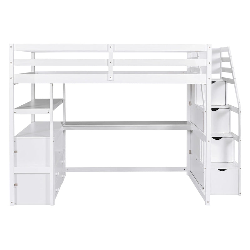 Hochbett in Full-Größe mit Schreibtisch und Regalen, zwei integrierten Schubladen und Stauraumtreppe