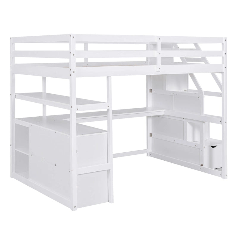 Hochbett in Full-Größe mit Schreibtisch und Regalen, zwei integrierten Schubladen und Stauraumtreppe