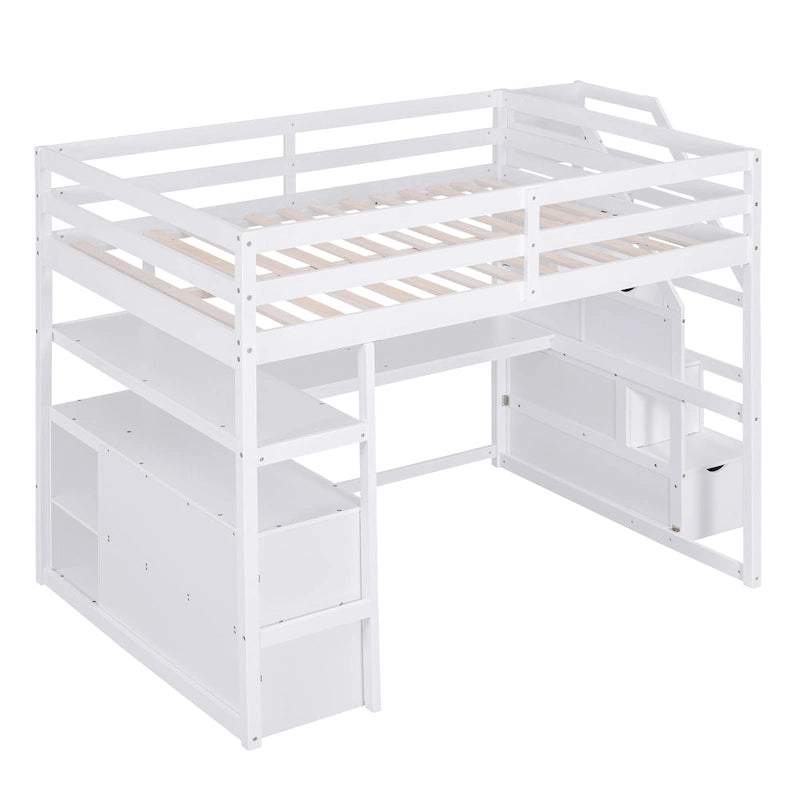 Hochbett in Full-Größe mit Schreibtisch und Regalen, zwei integrierten Schubladen und Stauraumtreppe