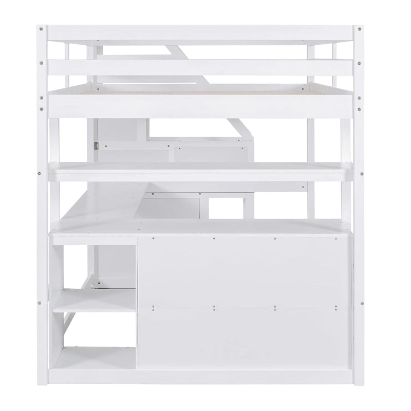Hochbett in Full-Größe mit Schreibtisch und Regalen, zwei integrierten Schubladen und Stauraumtreppe