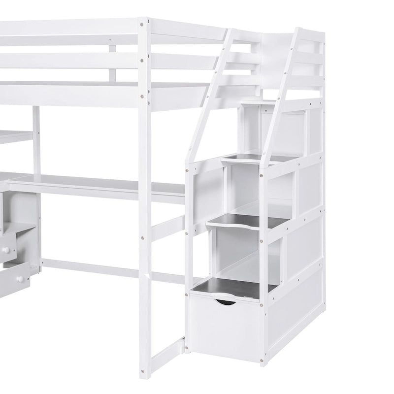 Hochbett in Full-Größe mit Schreibtisch und Regalen, zwei integrierten Schubladen und Stauraumtreppe