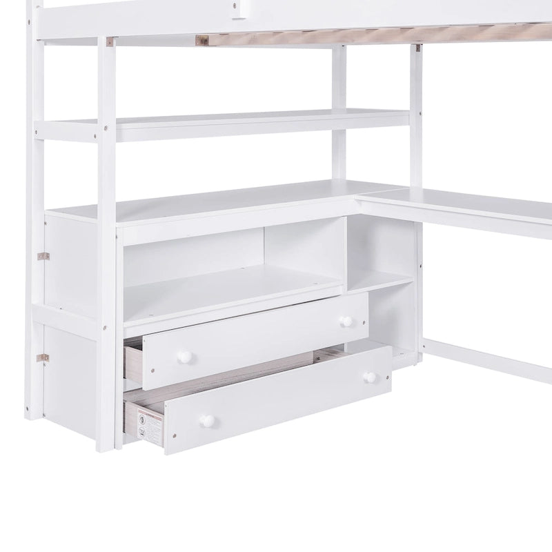 Hochbett in Full-Größe mit Schreibtisch und Regalen, zwei integrierten Schubladen und Stauraumtreppe