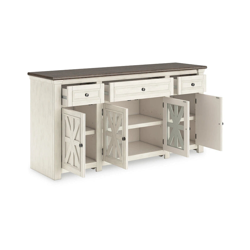 TV-Ständer im Landhausstil für Fernseher bis 83", Mediaschrank in Antikweiß und verwittertem Grau mit Glastüren im Kreuzbalken-Design, 3 Schubladen und verstellbaren Einlegeböden - 72.5 W x 20.25 D x 36.13 H