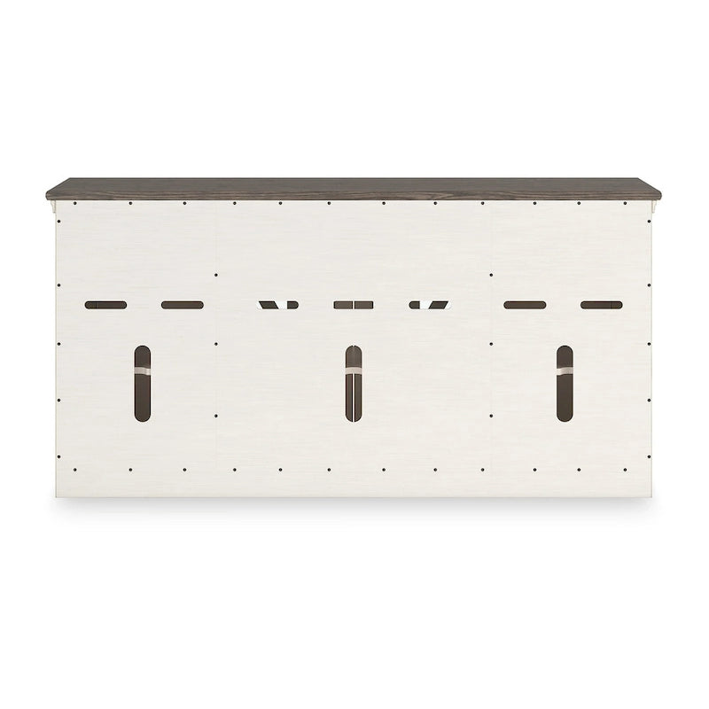 TV-Ständer im Landhausstil für Fernseher bis 83", Mediaschrank in Antikweiß und verwittertem Grau mit Glastüren im Kreuzbalken-Design, 3 Schubladen und verstellbaren Einlegeböden - 72.5 W x 20.25 D x 36.13 H
