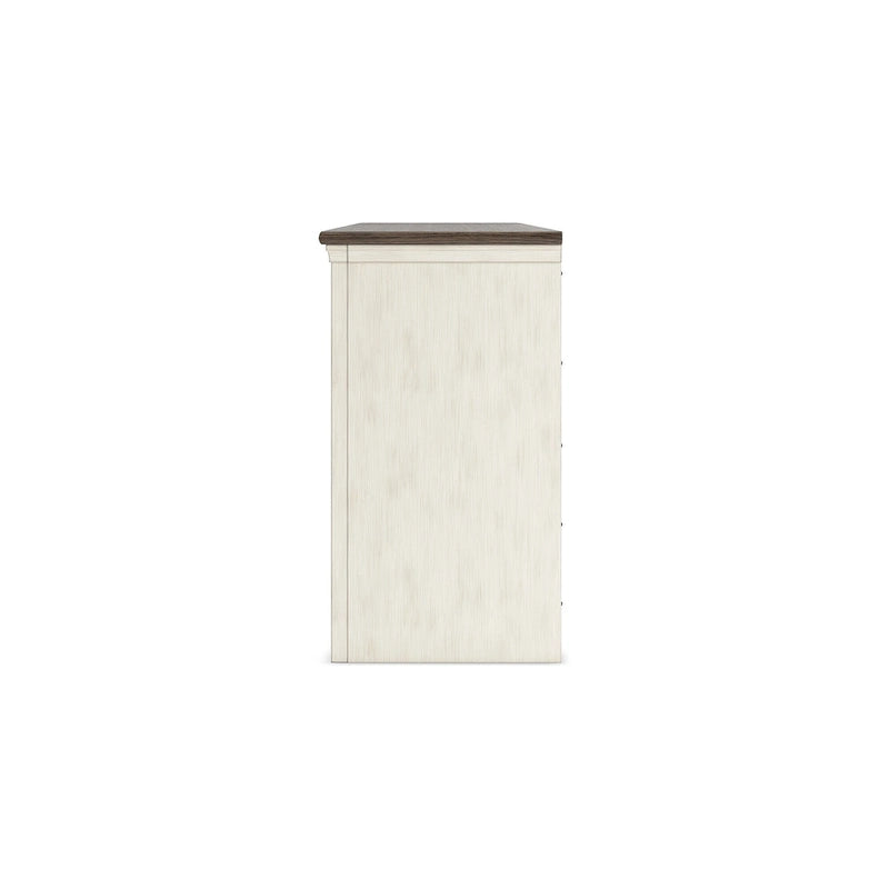TV-Ständer im Landhausstil für Fernseher bis 83", Mediaschrank in Antikweiß und verwittertem Grau mit Glastüren im Kreuzbalken-Design, 3 Schubladen und verstellbaren Einlegeböden - 72.5 W x 20.25 D x 36.13 H