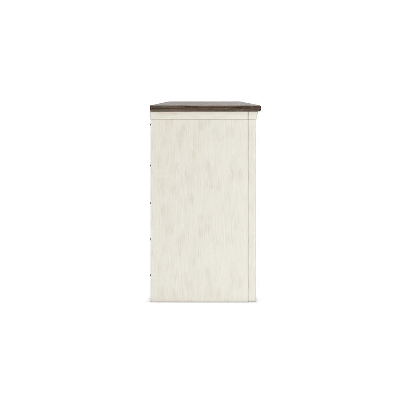 TV-Ständer im Landhausstil für Fernseher bis 83", Mediaschrank in Antikweiß und verwittertem Grau mit Glastüren im Kreuzbalken-Design, 3 Schubladen und verstellbaren Einlegeböden - 72.5 W x 20.25 D x 36.13 H