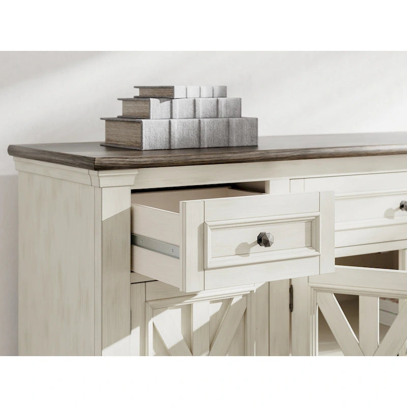 TV-Ständer im Landhausstil für Fernseher bis 83", Mediaschrank in Antikweiß und verwittertem Grau mit Glastüren im Kreuzbalken-Design, 3 Schubladen und verstellbaren Einlegeböden - 72.5 W x 20.25 D x 36.13 H