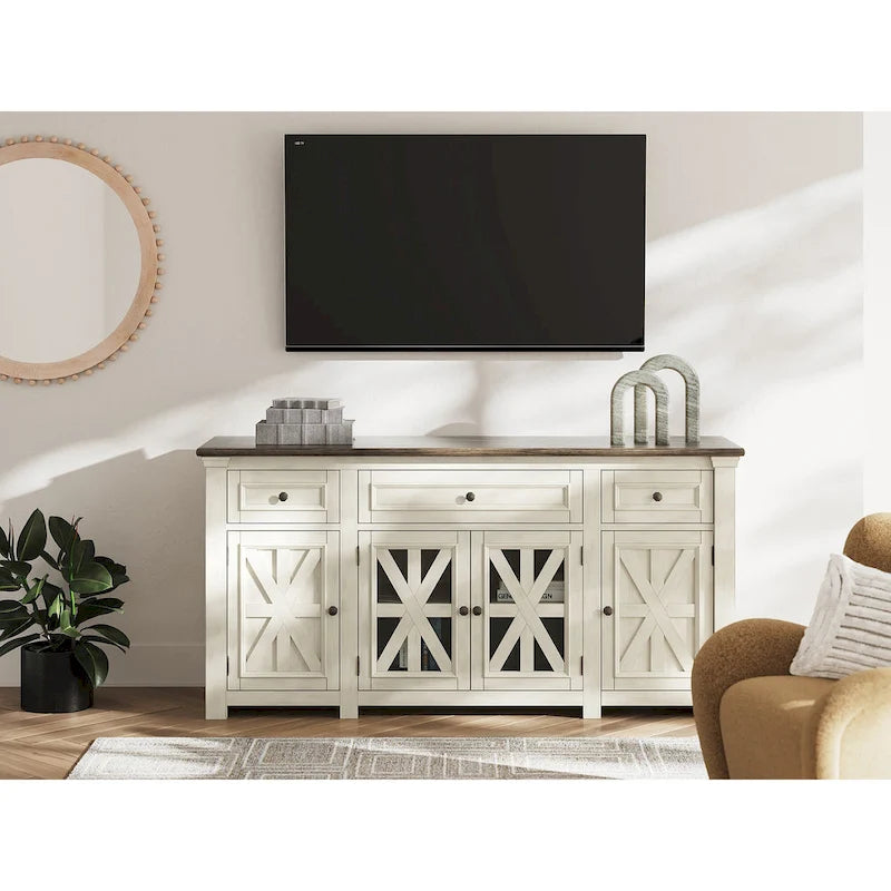 TV-Ständer im Landhausstil für Fernseher bis 83", Mediaschrank in Antikweiß und verwittertem Grau mit Glastüren im Kreuzbalken-Design, 3 Schubladen und verstellbaren Einlegeböden - 72.5 W x 20.25 D x 36.13 H