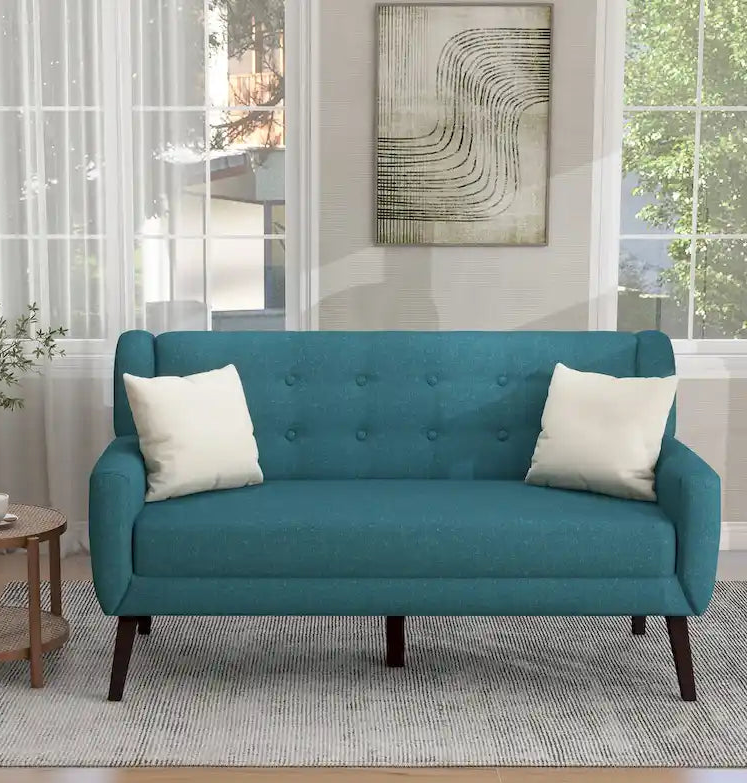 Tufted Linen/Cotton 2-Seater Sofa with Pillows