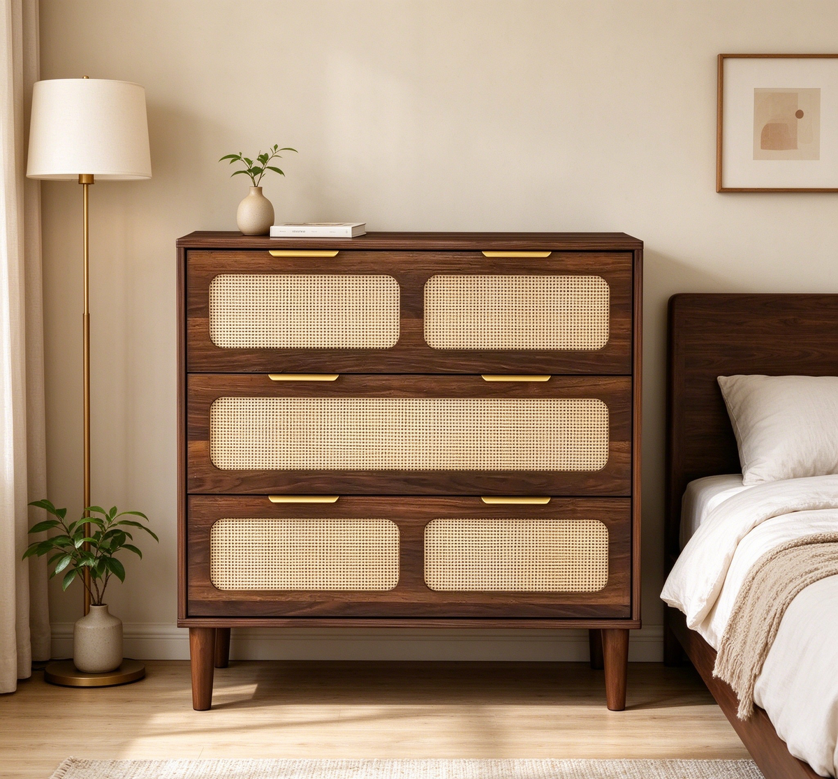 Cómoda de 3 gavetas em rattan, estilo boho moderno de meados do século, com estrutura em MDF e pernas em madeira maciça