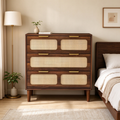 Cassettiera in stile moderno di metà secolo e boho con 3 cassetti in rattan, struttura in MDF e gambe in legno massello
