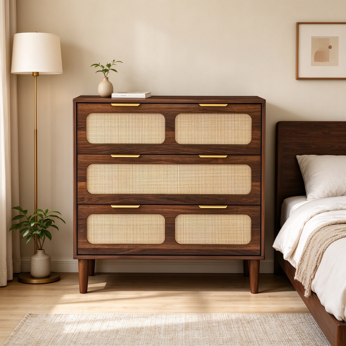 Cómoda de 3 gavetas em rattan, estilo boho moderno de meados do século, com estrutura em MDF e pernas em madeira maciça