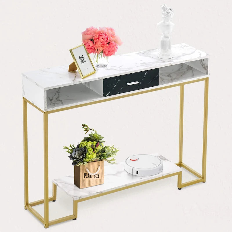 Mesa de consola com gavetas, pernas em mármore e douradas