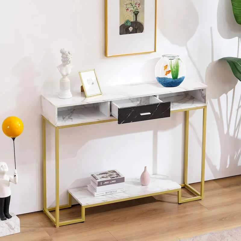 Konsola z szufladami, marmurowym blatem i złotymi nogami