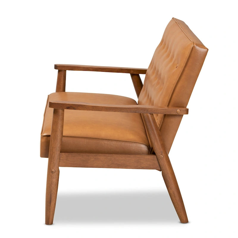 Zweisitzer aus cognacfarbenem Kunstleder und Holz mit Walnuss-Finish