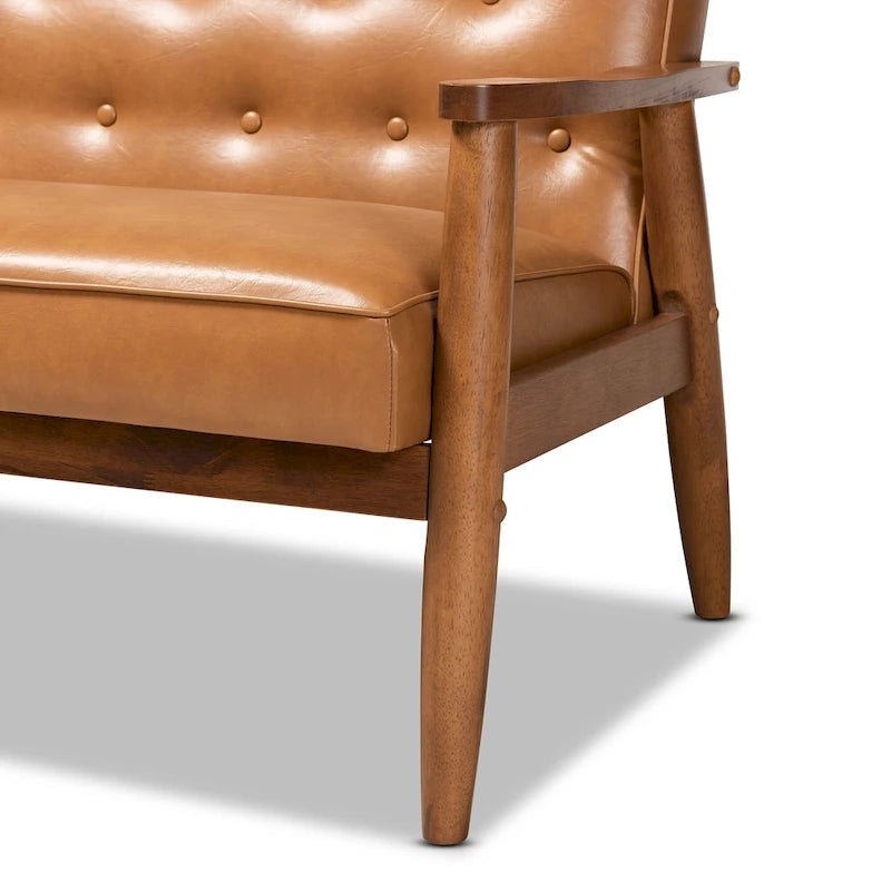 Zweisitzer aus cognacfarbenem Kunstleder und Holz mit Walnuss-Finish