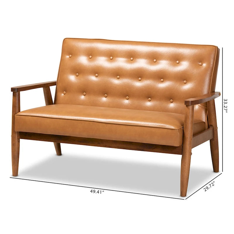 Zweisitzer aus cognacfarbenem Kunstleder und Holz mit Walnuss-Finish