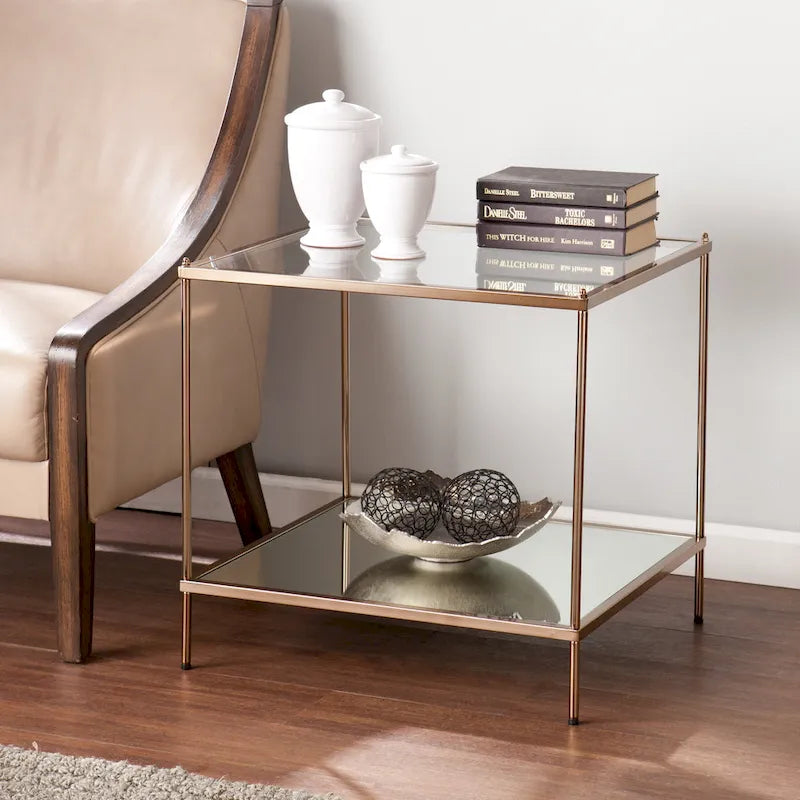 Glam Mirrored Glass Side Table with Gold Metal Frame, Glamorous Living Room Accent Table