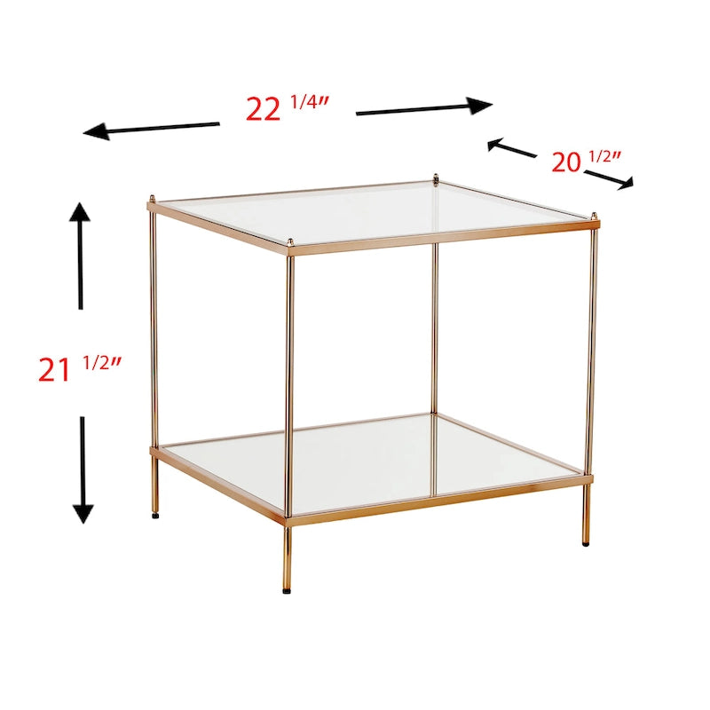 Glam Mirrored Glass Side Table with Gold Metal Frame, Glamorous Living Room Accent Table