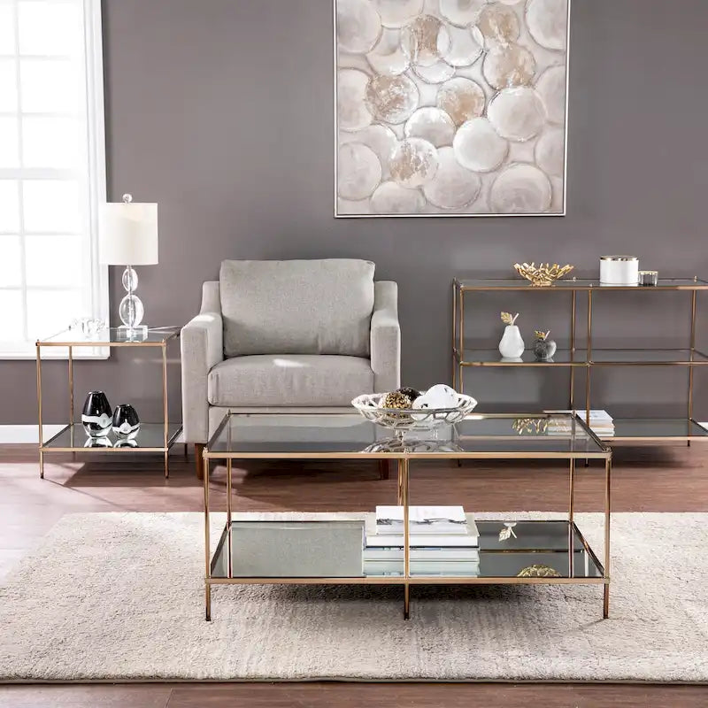 Glam Mirrored Glass Side Table with Gold Metal Frame, Glamorous Living Room Accent Table