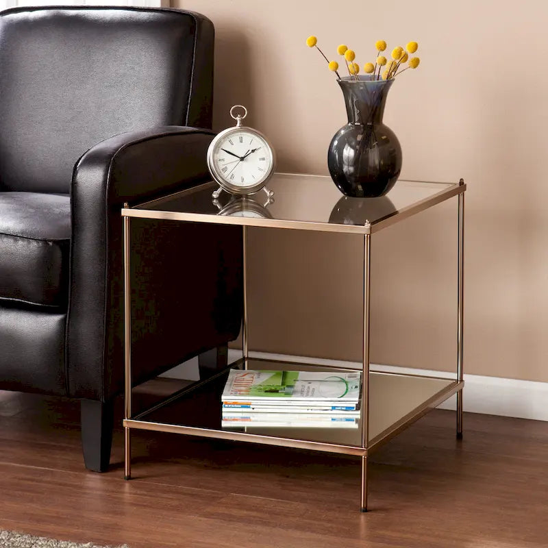 Glam Mirrored Glass Side Table with Gold Metal Frame, Glamorous Living Room Accent Table