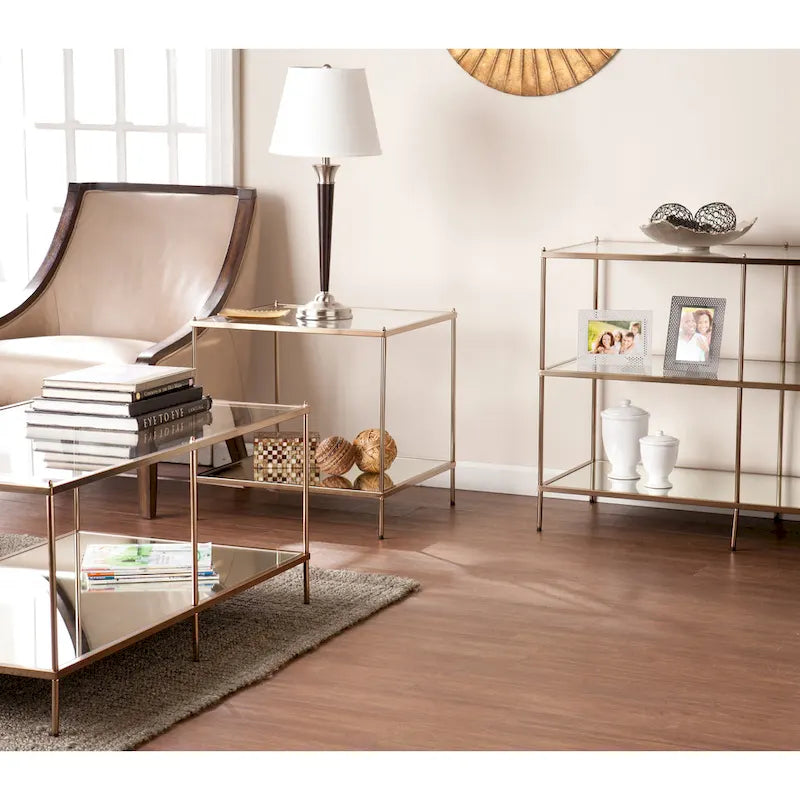Glam Mirrored Glass Side Table with Gold Metal Frame, Glamorous Living Room Accent Table