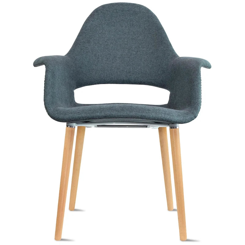 Moderner Sessel aus organischem Polsterstoff mit Beinen aus Naturholz fürs Esszimmer, Büro oder als zusätzlicher Loungesessel