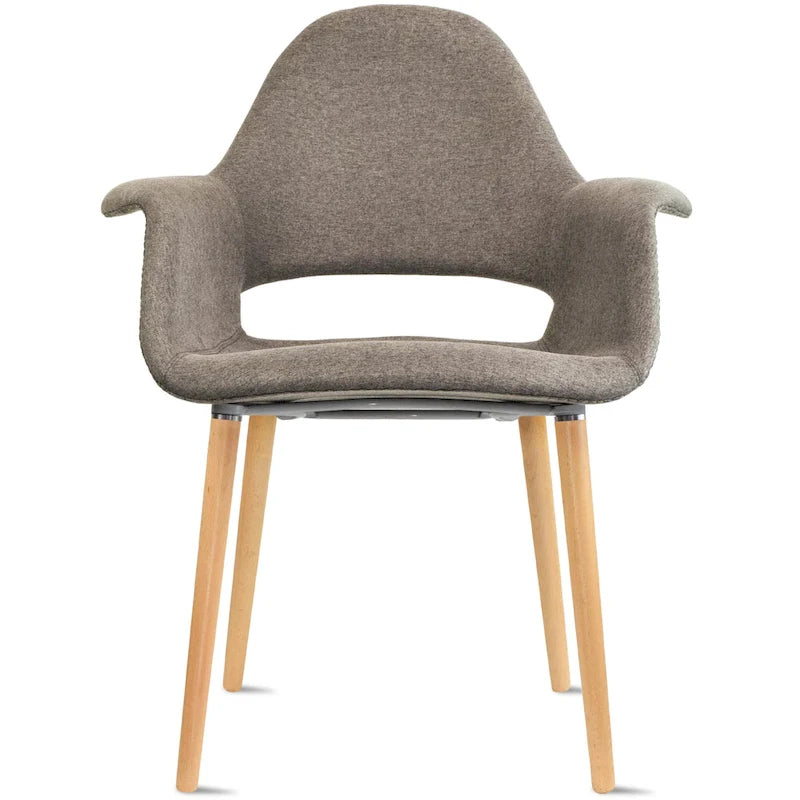Moderner Sessel aus organischem Polsterstoff mit Beinen aus Naturholz fürs Esszimmer, Büro oder als zusätzlicher Loungesessel