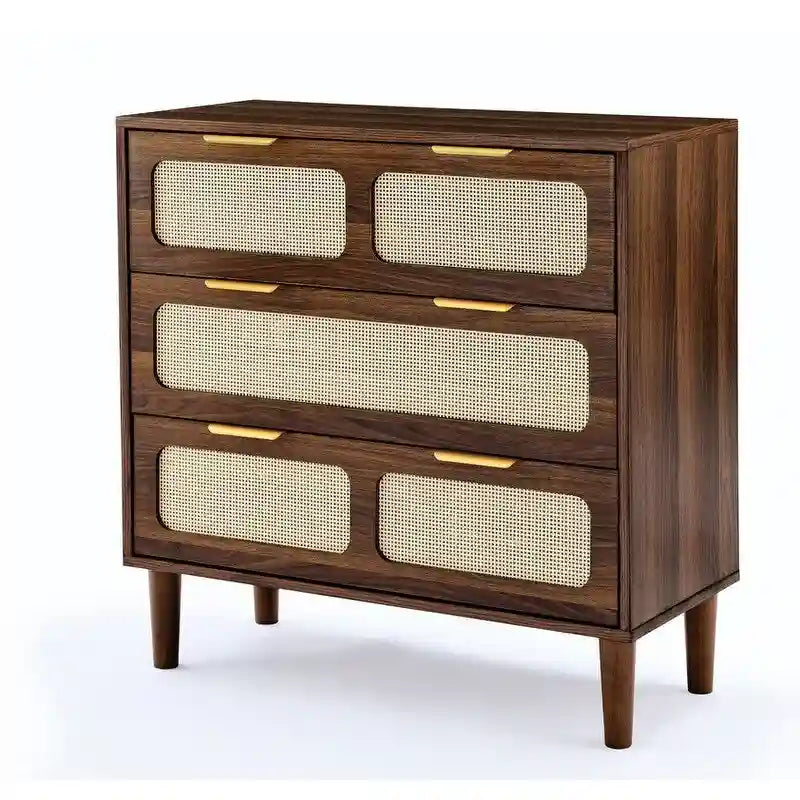 Cassettiera in stile moderno di metà secolo e boho con 3 cassetti in rattan, struttura in MDF e gambe in legno massello