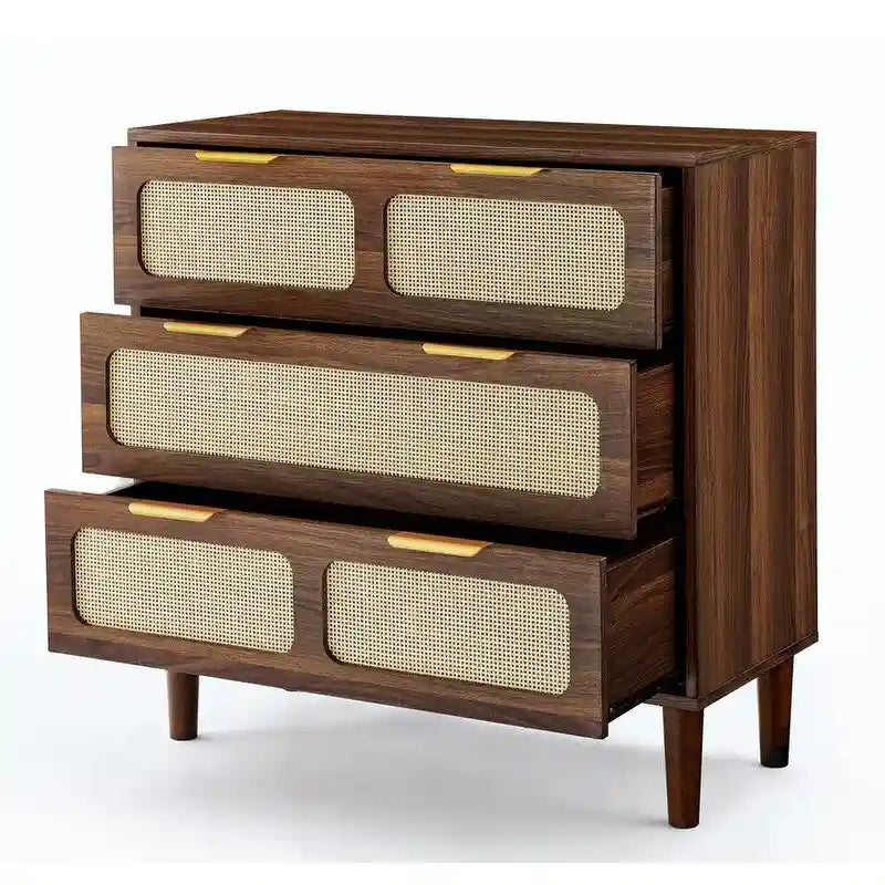 Cómoda de 3 gavetas em rattan, estilo boho moderno de meados do século, com estrutura em MDF e pernas em madeira maciça