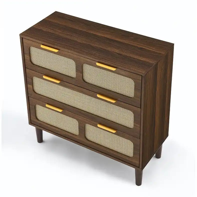 Cassettiera in stile moderno di metà secolo e boho con 3 cassetti in rattan, struttura in MDF e gambe in legno massello