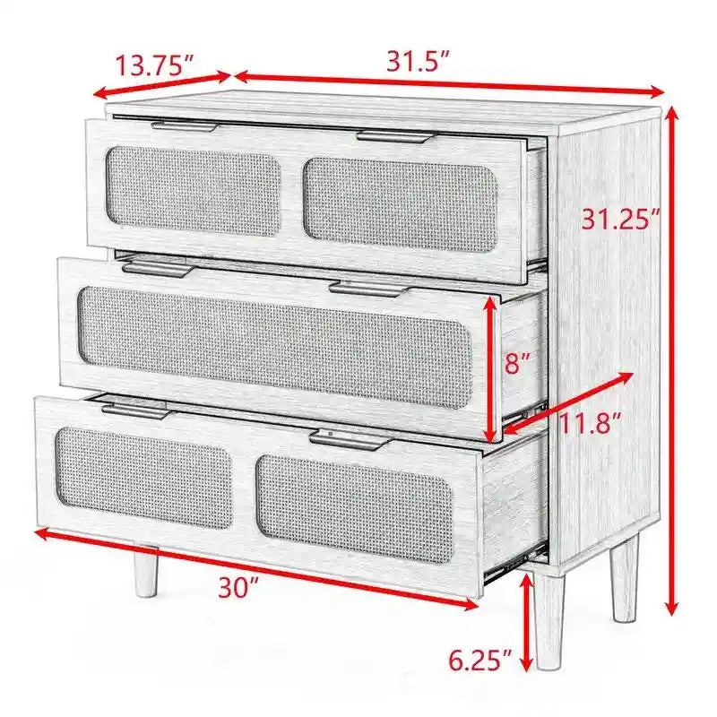 Cassettiera in stile moderno di metà secolo e boho con 3 cassetti in rattan, struttura in MDF e gambe in legno massello
