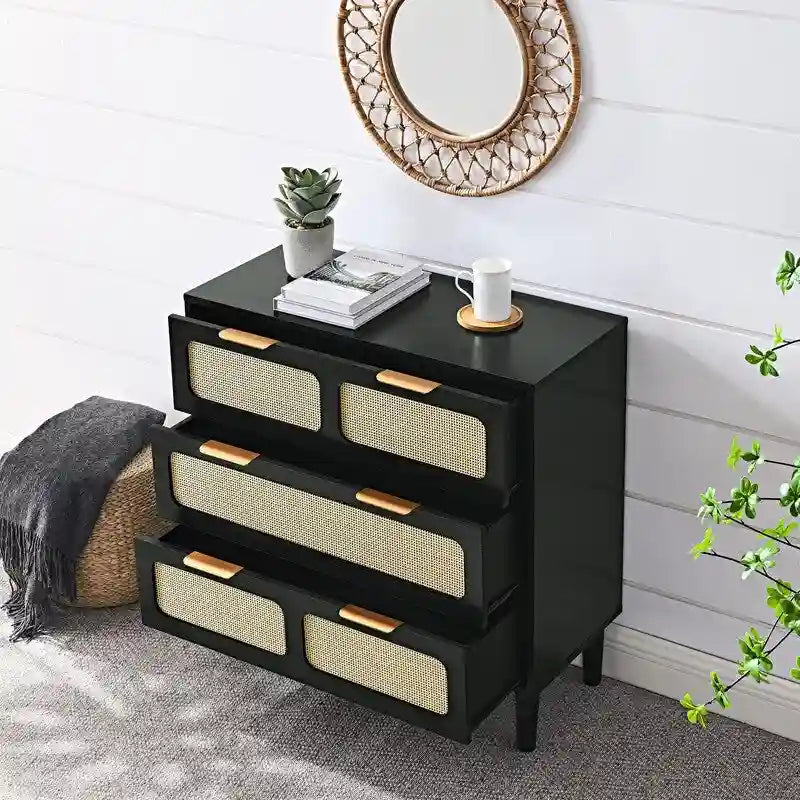 Cassettiera in stile moderno di metà secolo e boho con 3 cassetti in rattan, struttura in MDF e gambe in legno massello
