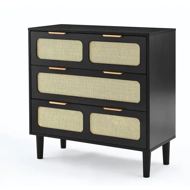Cassettiera in stile moderno di metà secolo e boho con 3 cassetti in rattan, struttura in MDF e gambe in legno massello