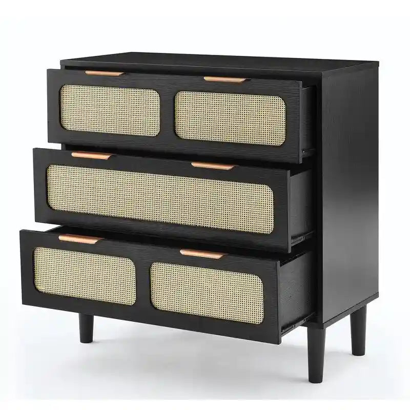 Cassettiera in stile moderno di metà secolo e boho con 3 cassetti in rattan, struttura in MDF e gambe in legno massello