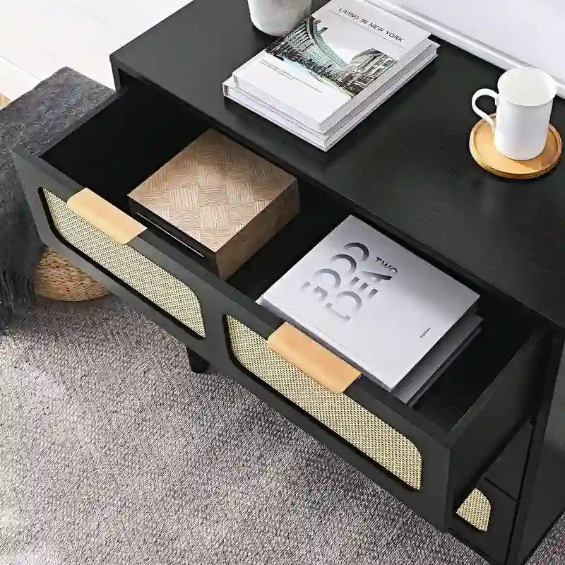 Cassettiera in stile moderno di metà secolo e boho con 3 cassetti in rattan, struttura in MDF e gambe in legno massello