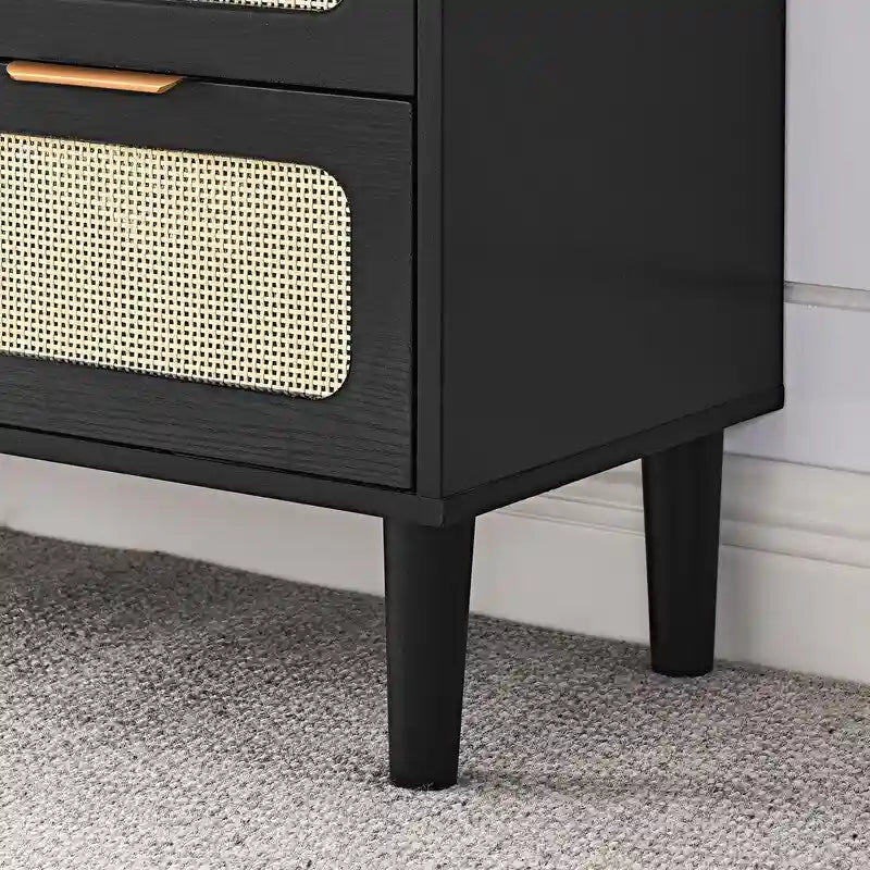Cassettiera in stile moderno di metà secolo e boho con 3 cassetti in rattan, struttura in MDF e gambe in legno massello