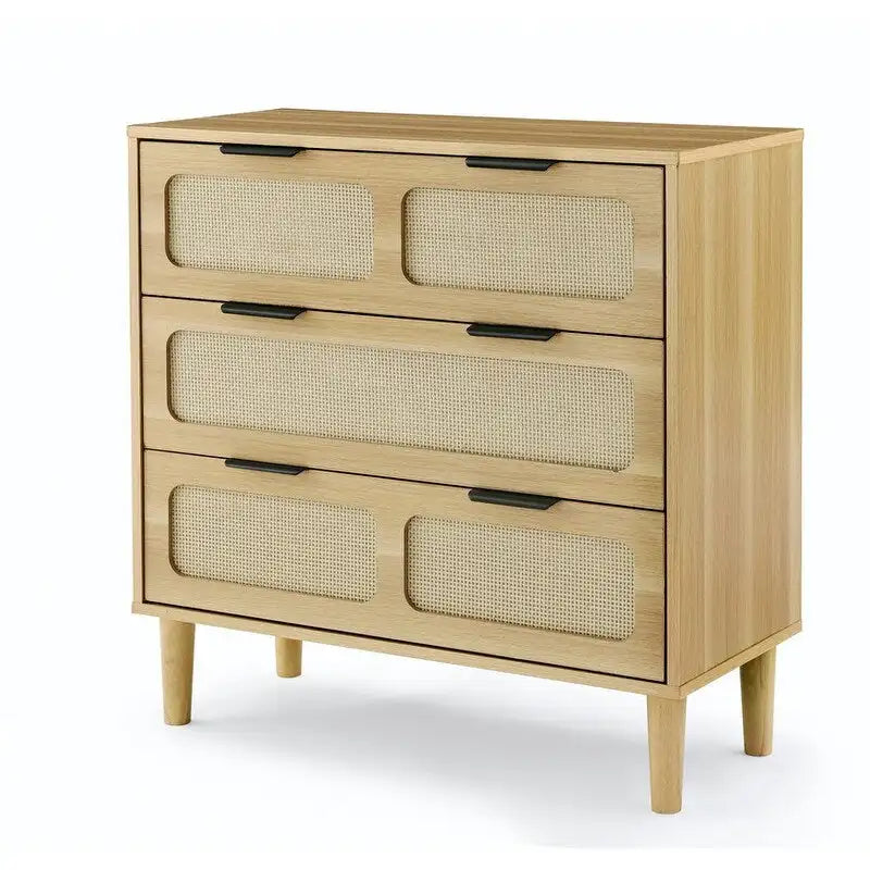 Cassettiera in stile moderno di metà secolo e boho con 3 cassetti in rattan, struttura in MDF e gambe in legno massello
